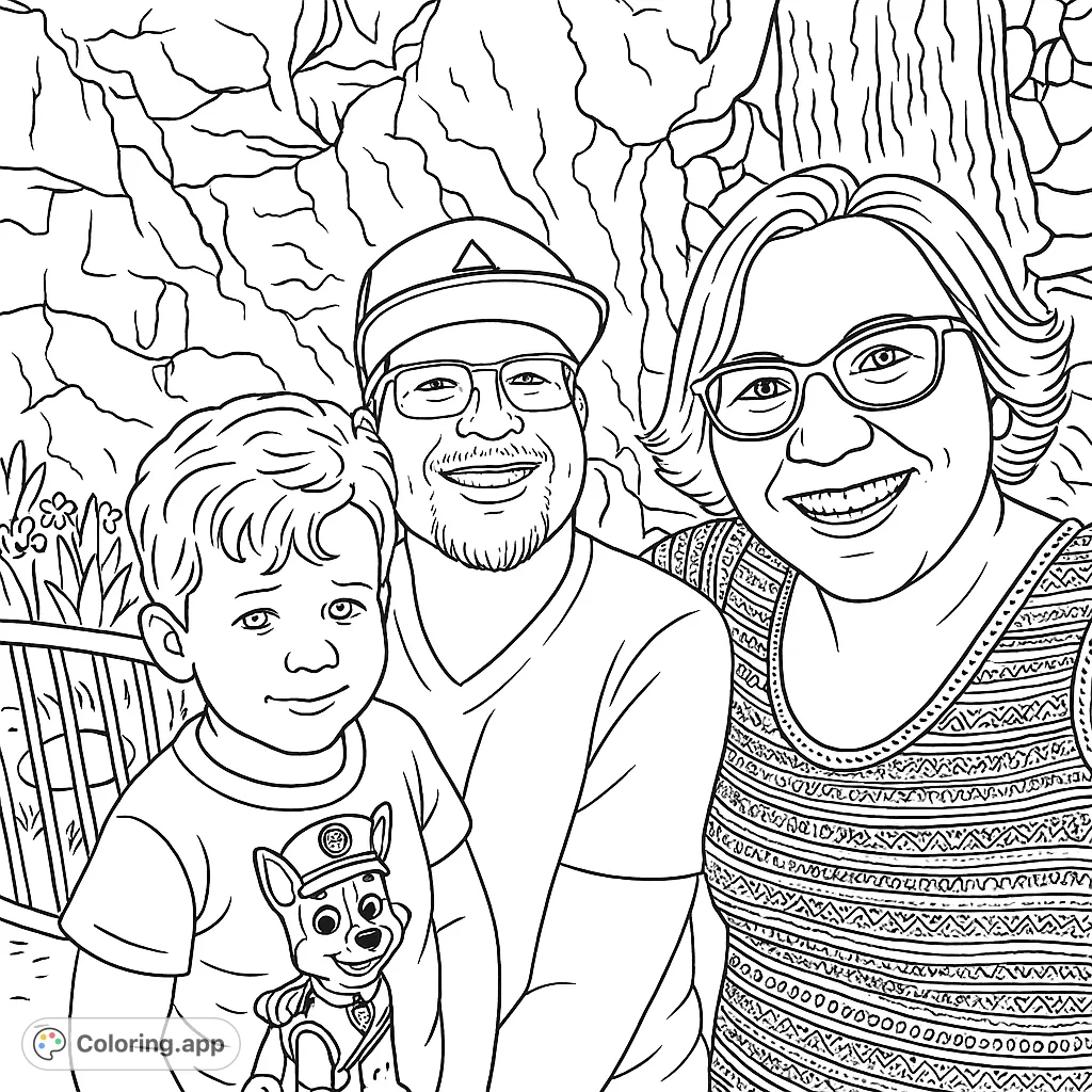 A heartwarming family portrait featuring a smiling boy, man, and woman against a textured outdoor background. Perfect for a free printable family coloring page.