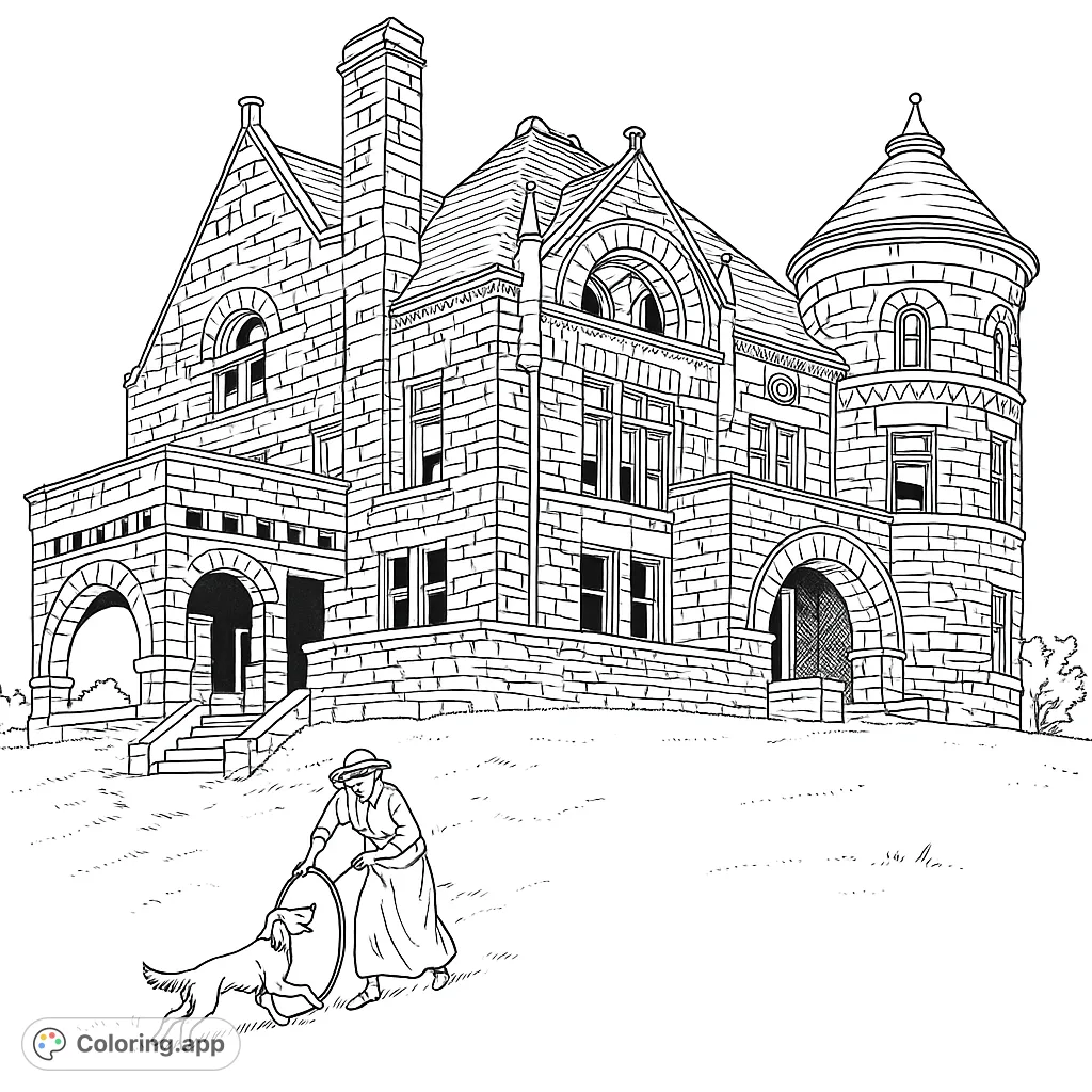 Color a grand Victorian mansion with a woman and her dog playing in the foreground. A detailed architectural coloring page for all ages.