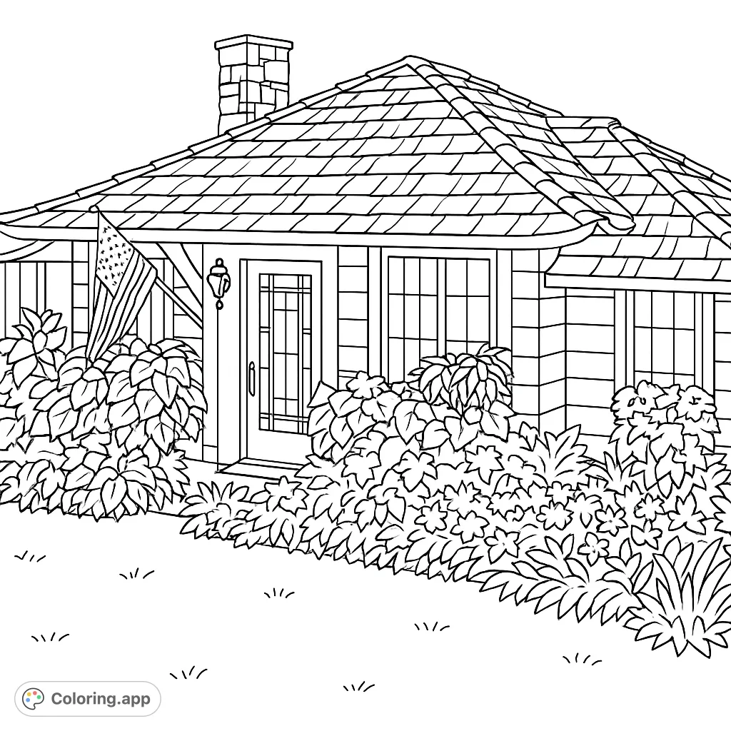 A delightful house with a shingled roof, detailed windows, and lush garden bushes, perfect for a relaxing coloring experience. Free printable house coloring page.