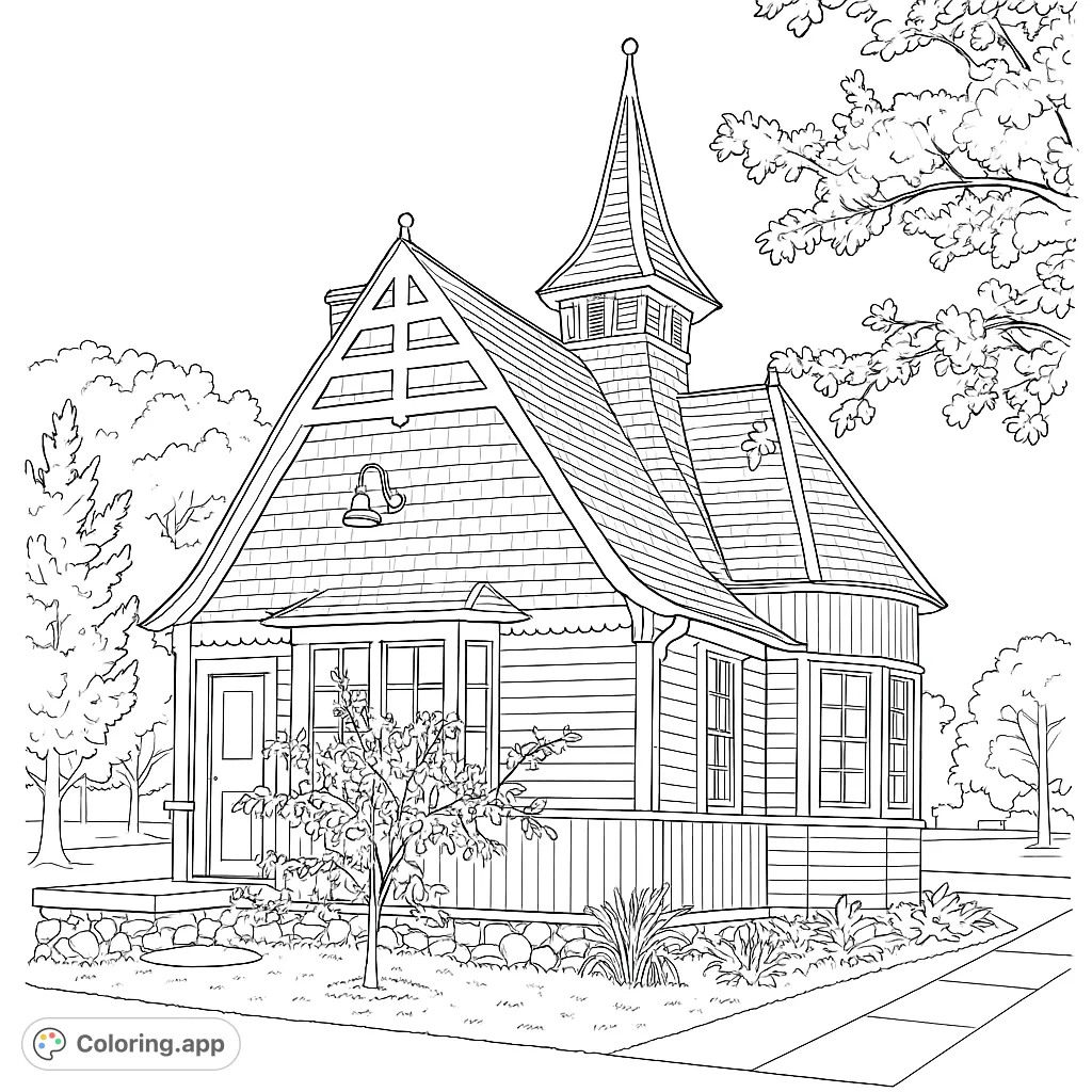 A charming, quaint house with a distinctive turret and detailed landscaping. Perfect for a relaxing coloring experience for all ages.
