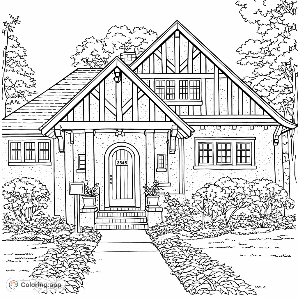 Step into architectural elegance with this Tudor house coloring page. Intricate timbering, arched entry, and detailed landscaping invite creativity.