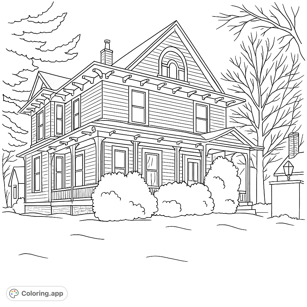 Explore a charming classic house coloring page, featuring a detailed two-story home with a welcoming porch, surrounded by nature. Perfect for all ages!