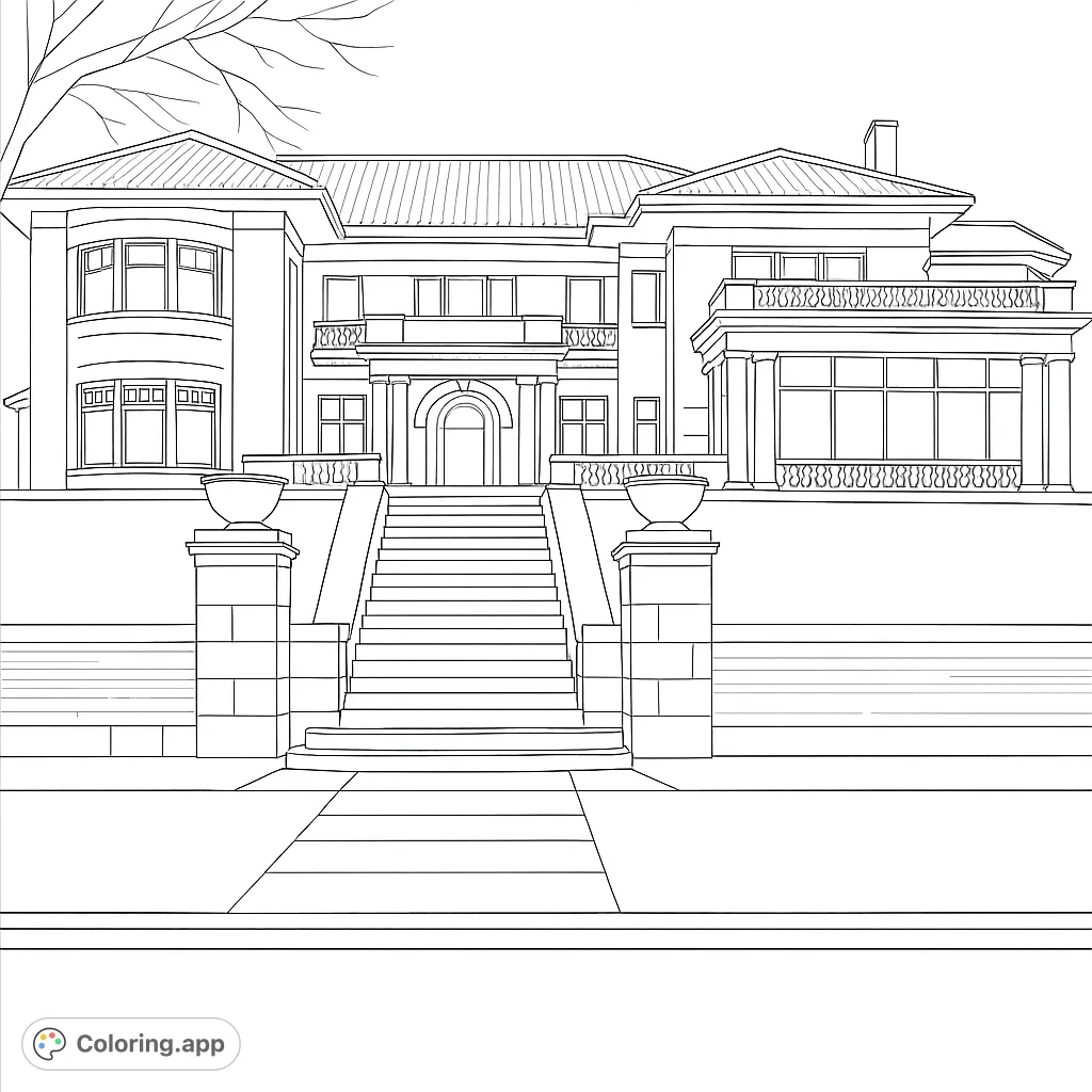 Color a magnificent mansion with grand staircase, ornate railings, and detailed architecture. A free printable coloring page for all ages.