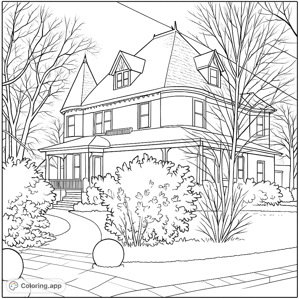 Color a charming Victorian house with intricate details, surrounded by bare trees and lush bushes. A free printable coloring page for all ages.