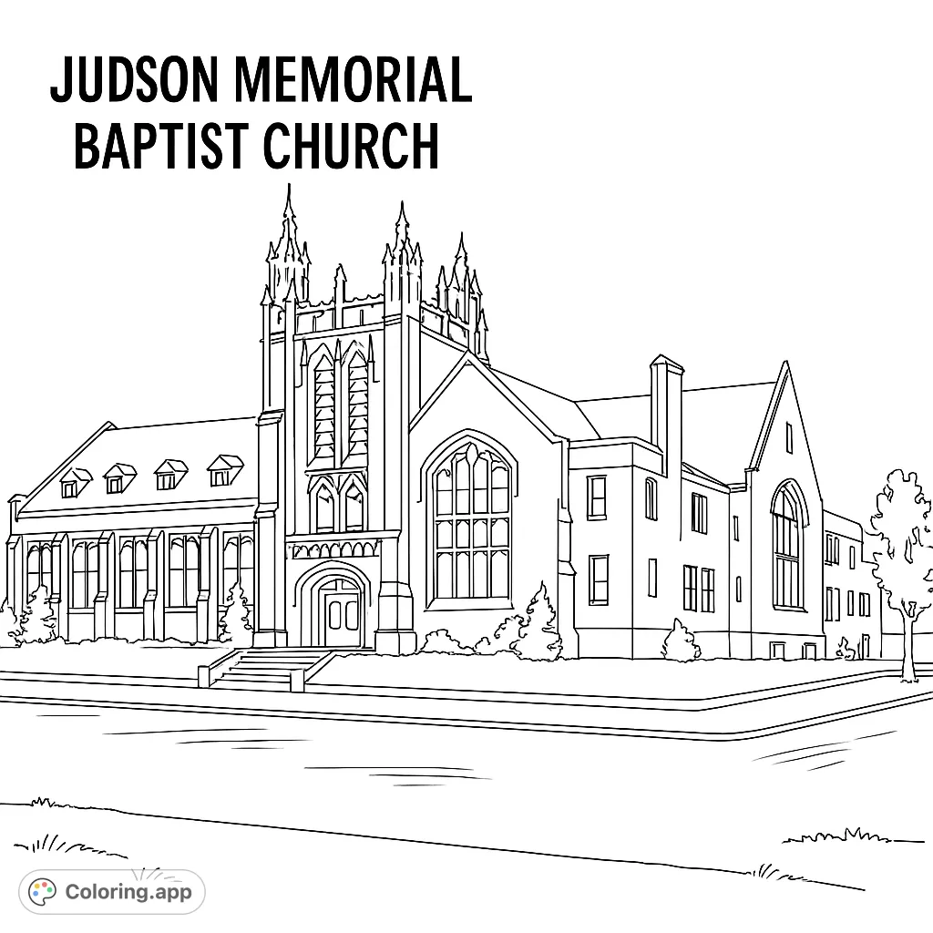 Detailed line art of a grand church building with intricate architecture, perfect for a serene coloring experience. A free printable coloring page.