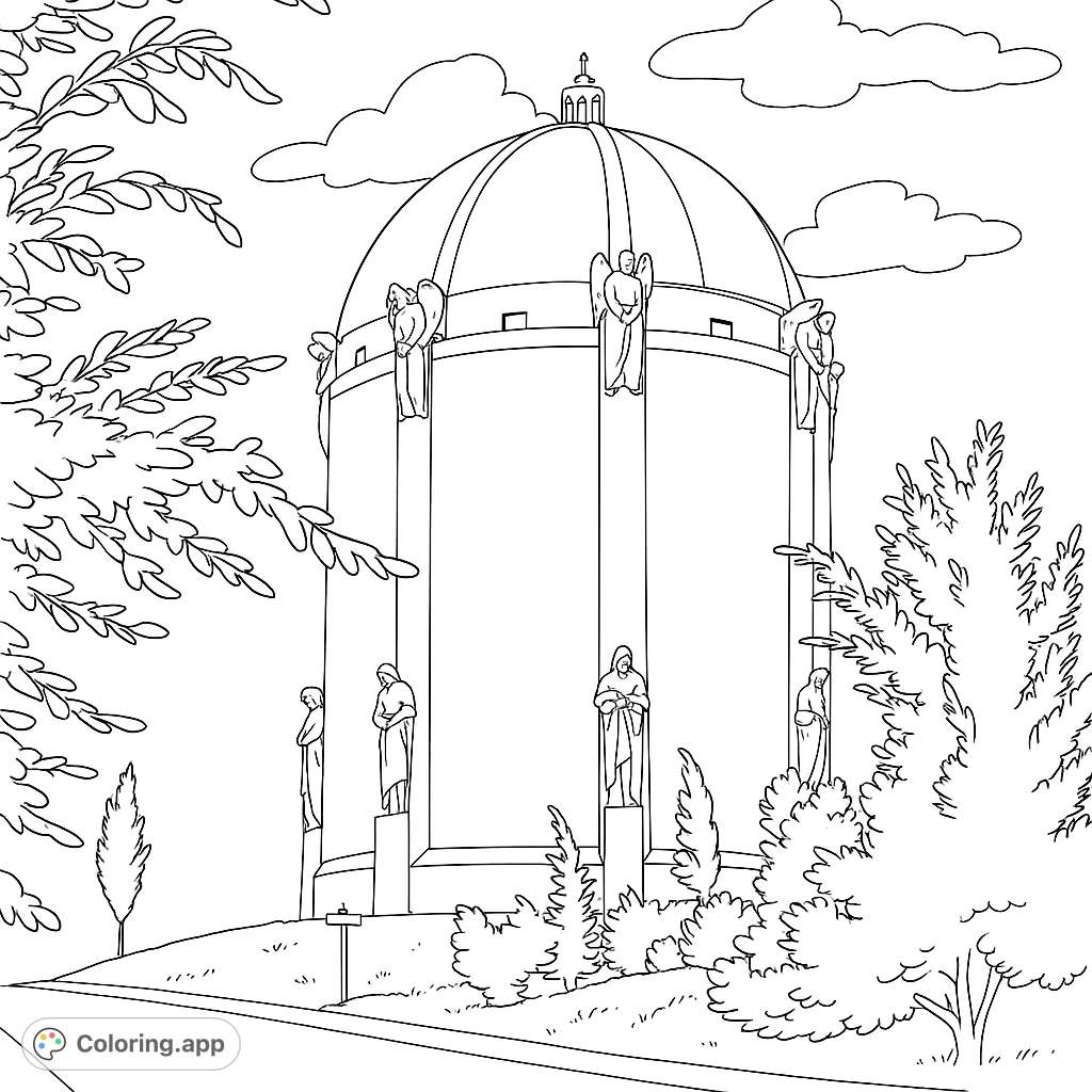 Explore a majestic domed monument adorned with angelic and human statues, surrounded by lush gardens and a winding path. A serene architectural coloring page.