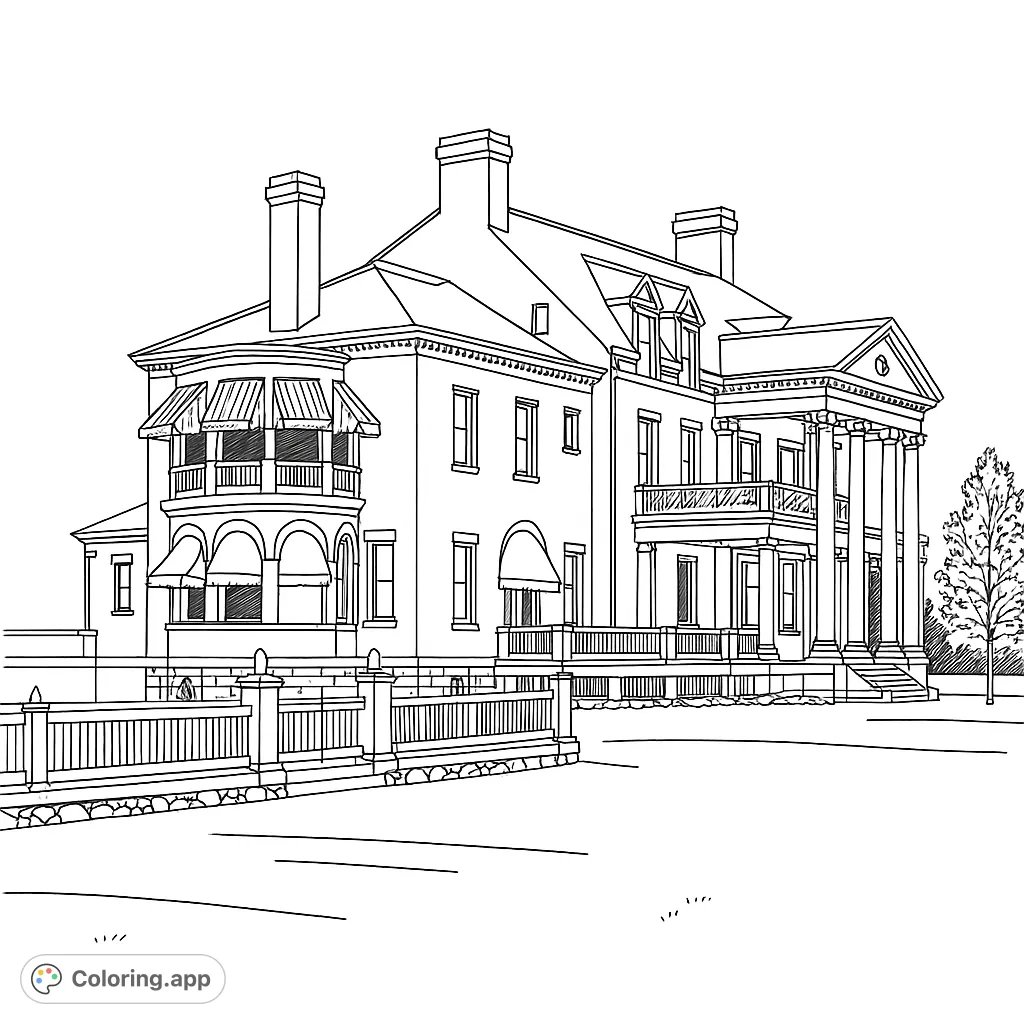 A detailed black and white line drawing of a grand classical mansion with columns, balconies, and a picket fence, perfect for a free printable coloring page.
