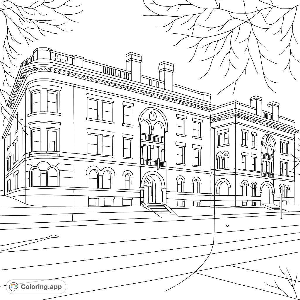 Explore a grand historic building coloring page, a free printable featuring ornate architecture, numerous windows, and framing tree branches for detailed coloring.