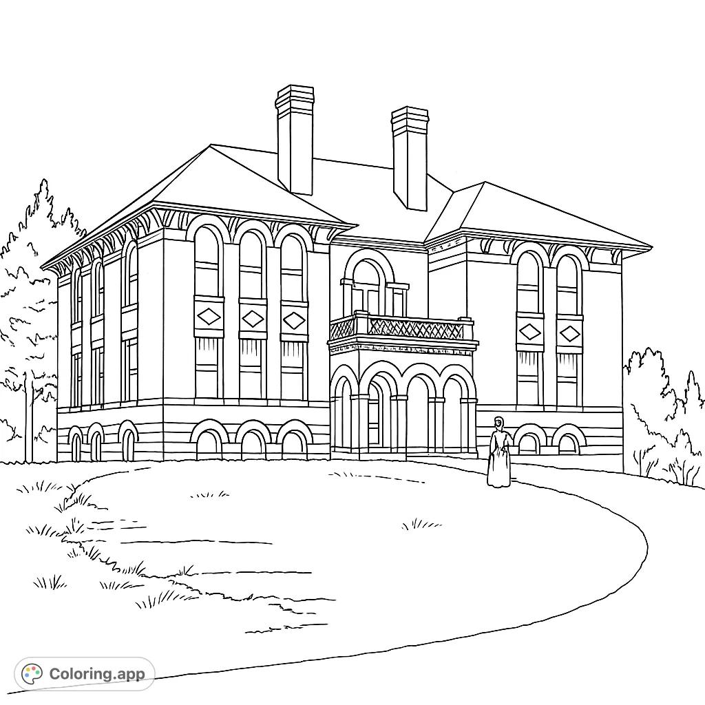Color a grand historic mansion with arched windows, a detailed balcony, and a serene path, perfect for architectural enthusiasts.