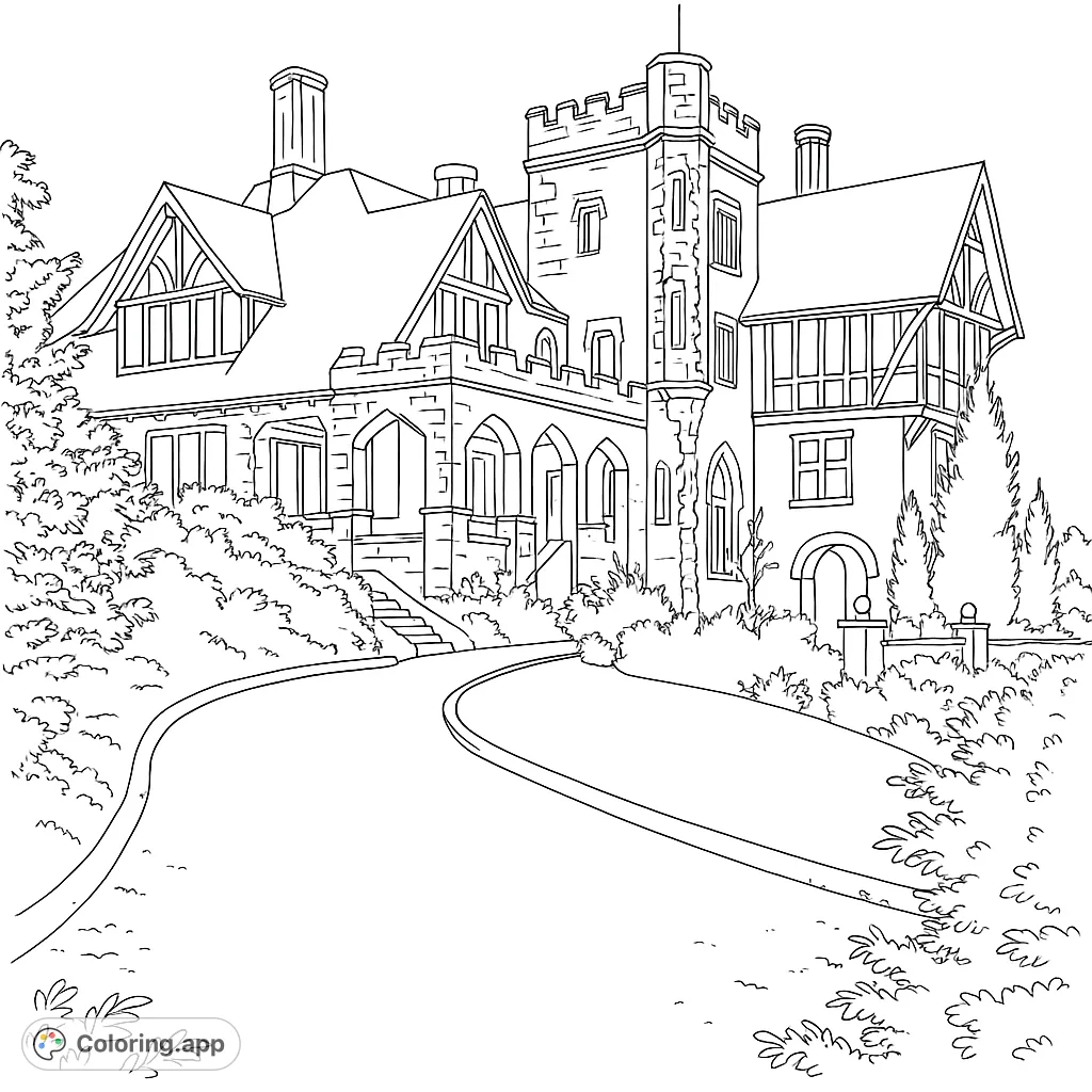 Explore a grand mansion coloring page featuring intricate architecture, a towering turret, arched entryway, and lush surrounding gardens. Perfect for detailed coloring!