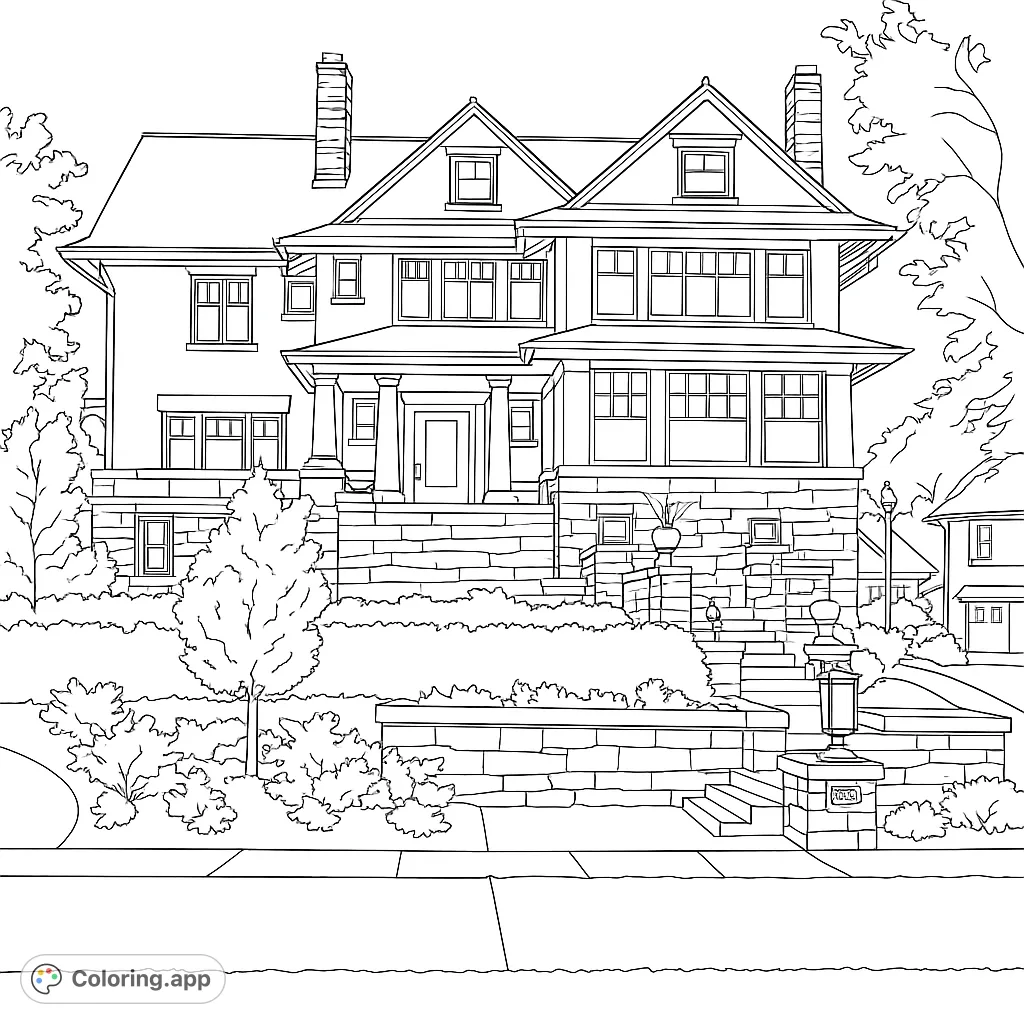 Color a beautiful grand house with intricate architectural details, terraced stone walls, and lush landscaping. A free printable house coloring page for all ages.