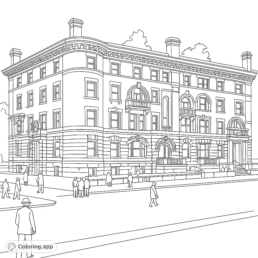 Explore a detailed grand urban architecture coloring page featuring an ornate building with intricate windows, balconies, and street scenes. Free printable for all ages.