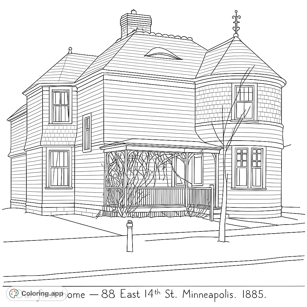 Color a majestic Victorian home with intricate details, a charming porch, and a grand turret. A free printable architectural coloring page for all ages.
