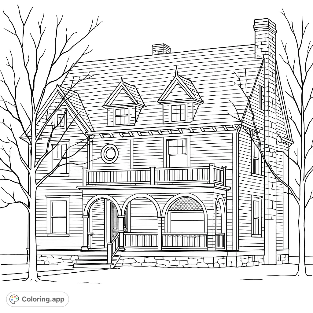 Color a grand Victorian house with a detailed porch, balcony, dormer windows, and intricate architectural features. A charming free printable coloring page.