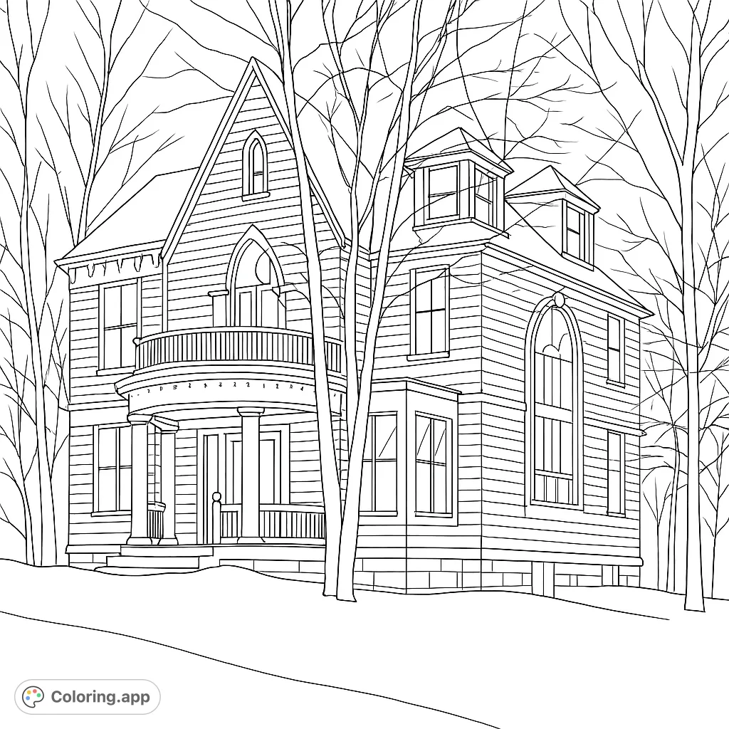 Explore a detailed Victorian house coloring page, featuring intricate architecture, a curved balcony, and bare trees. A free printable coloring page for all ages.