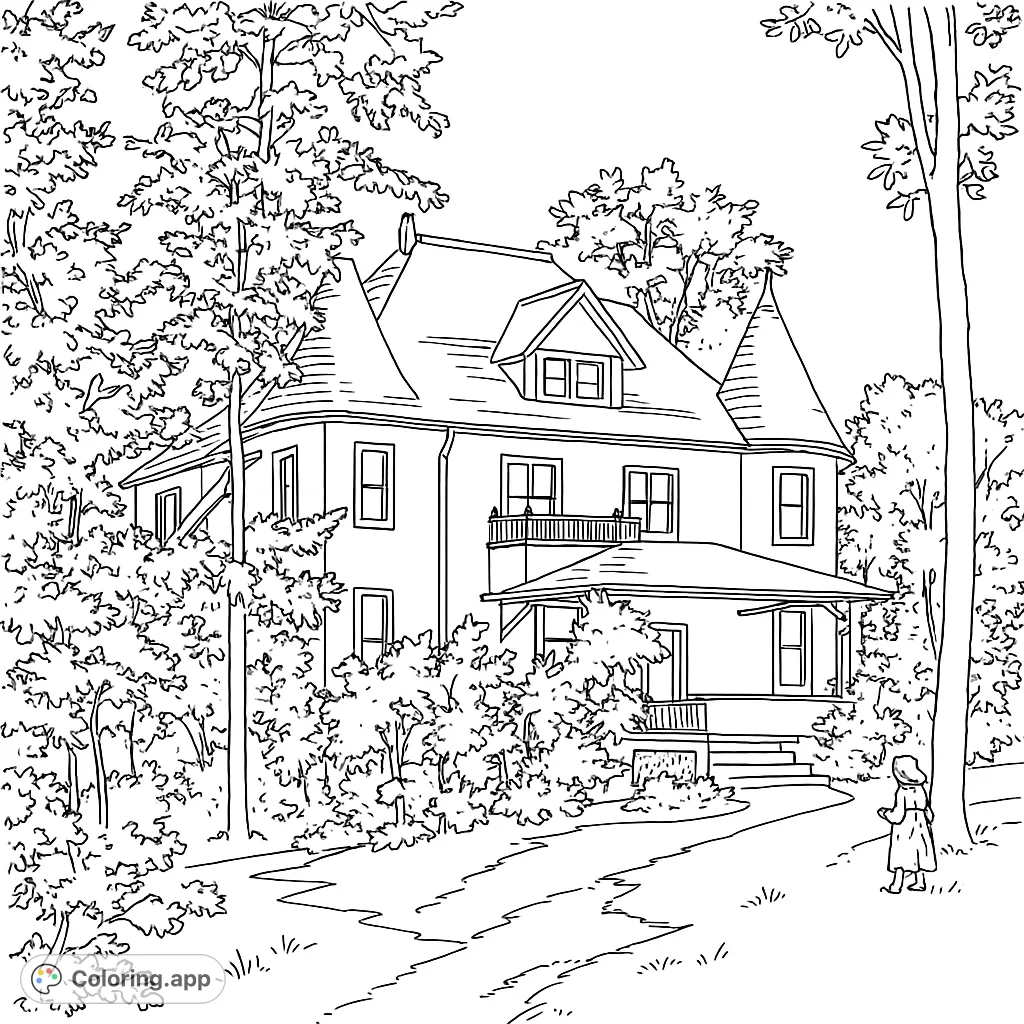A grand Victorian house surrounded by lush trees, with a winding path leading to its inviting porch. Perfect for a detailed coloring experience.