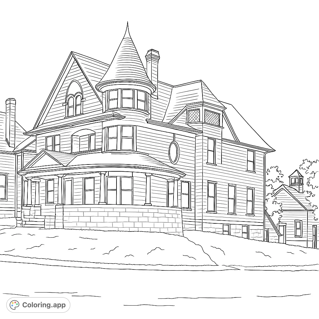 Explore a detailed Victorian house coloring page, featuring a grand turret, wrap-around porch, and intricate architectural details. A free printable coloring page for all ages.