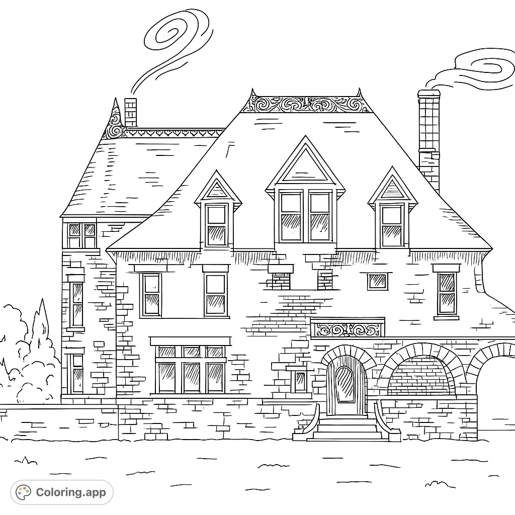 Explore a detailed Victorian manor house with intricate brickwork, gabled roofs, and charming dormer windows. A perfect architectural coloring adventure!