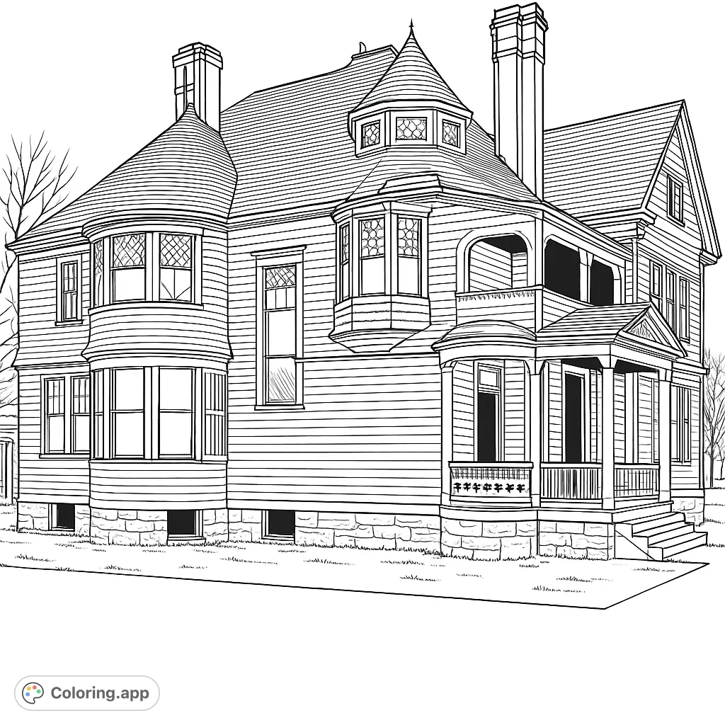 Explore a grand Victorian house coloring page, featuring intricate bay windows, a charming turret, and a welcoming porch. A free printable architectural delight.