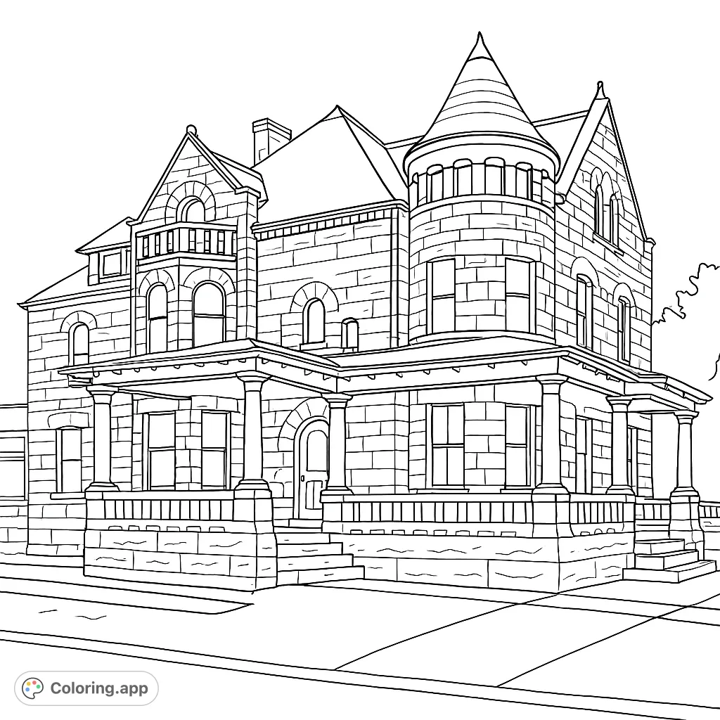 Explore a detailed Victorian house coloring page, featuring intricate stone work, a grand porch, and a distinctive tower. Free printable coloring page for all ages.
