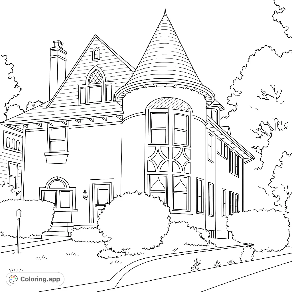 Explore a grand Victorian house coloring page featuring a prominent turret, intricate windows, and lush landscaping. A free printable coloring page for all ages.