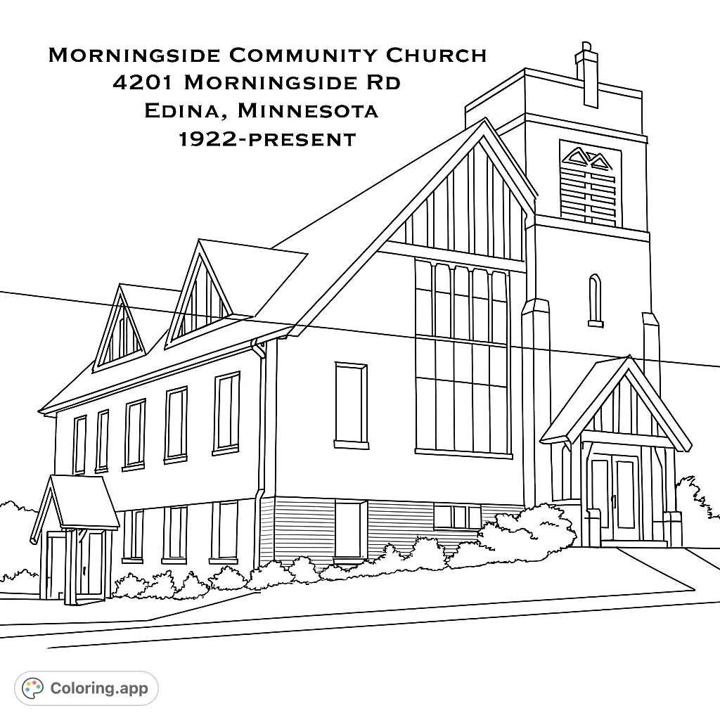 Color a classic church building with a tall steeple, detailed windows, and inviting porches. A free printable architectural church coloring page.