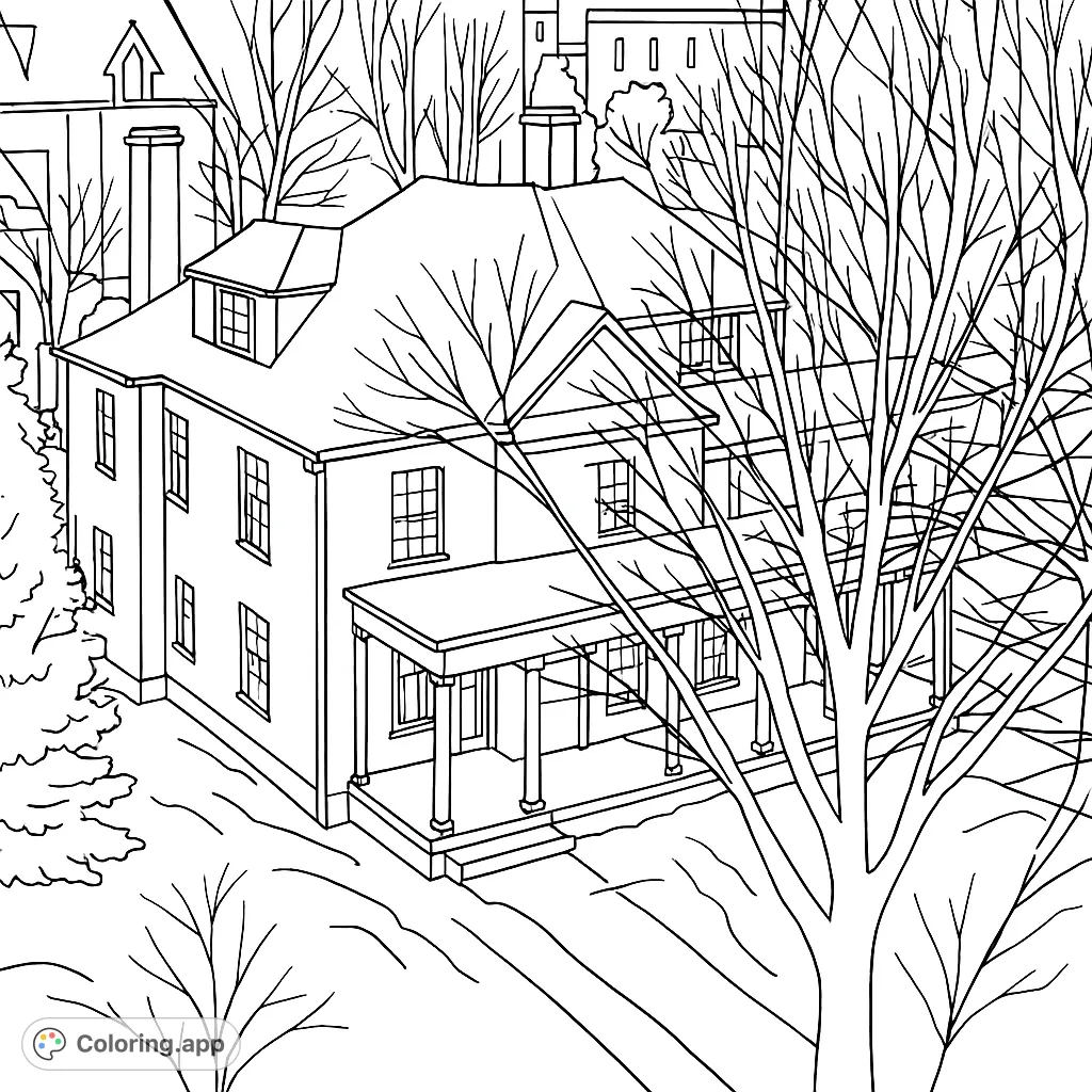 Detailed line art of a grand historic house with a large porch and intricate bare trees, perfect for a cozy winter landscape coloring page.