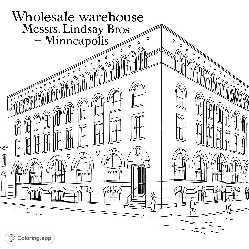 Color a grand historic warehouse building with intricate arched windows and classic architecture. A free printable historic building coloring page for all ages.