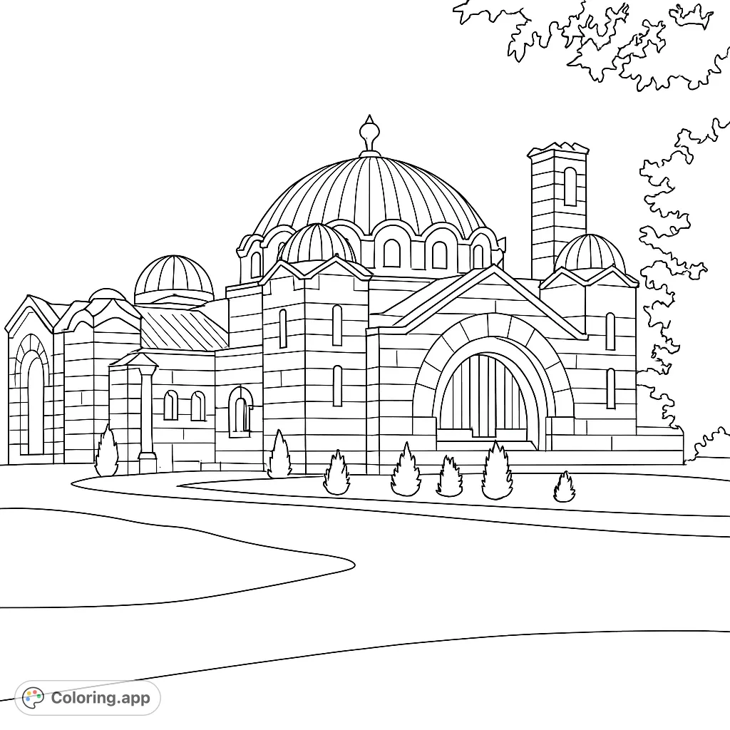 Color a magnificent domed stone building with intricate architectural details, textured walls, and surrounding landscape elements. A challenging and rewarding design.
