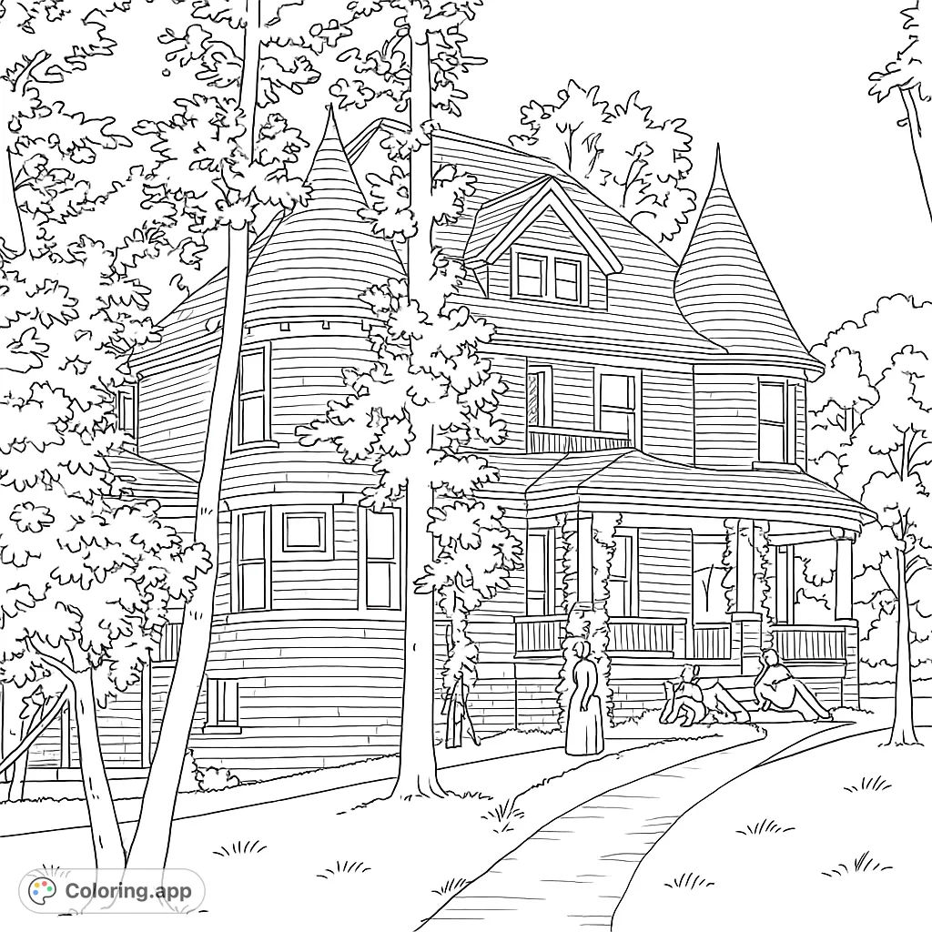 Color a grand Victorian house with turrets, a winding path, and leafy trees. Perfect for detailed coloring.