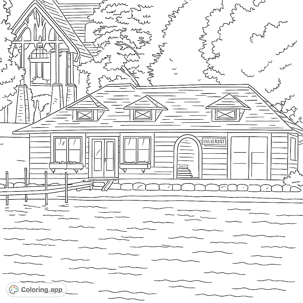 Explore a charming waterfront house coloring page with a dock, detailed architecture, and serene water. A free printable coloring page for all ages.