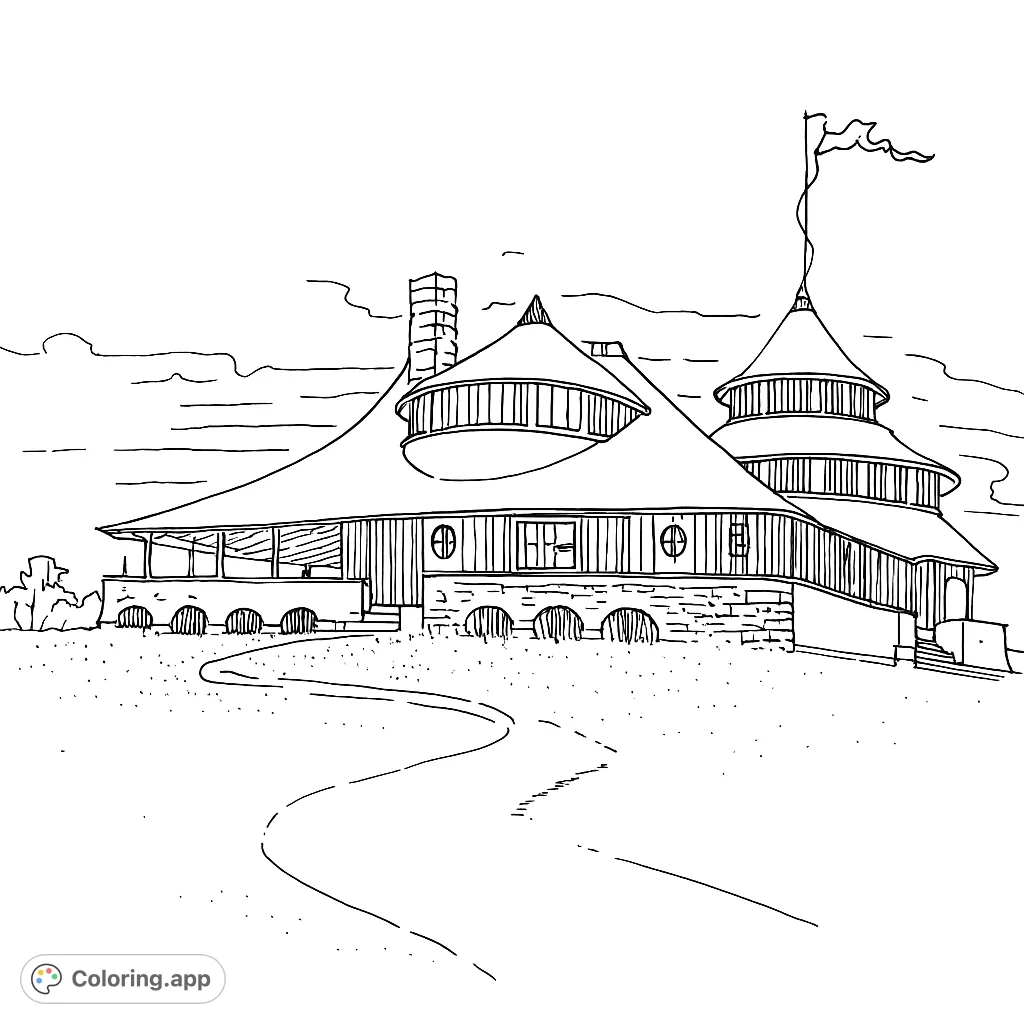 Explore a whimsical lakeside retreat with unique architecture, rounded roofs, and a winding path. A free printable architectural coloring page.