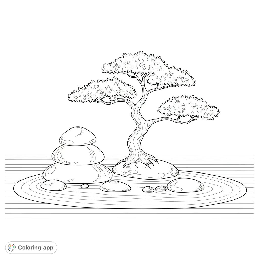 Discover tranquility with this Zen garden coloring page featuring a graceful bonsai tree, stacked stones, and raked sand patterns. A free printable coloring page for all ages.