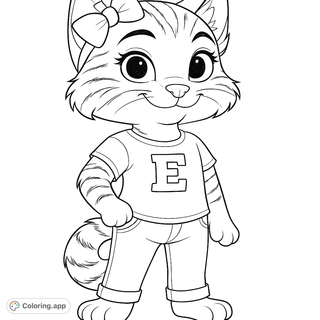 A charming anthropomorphic cat character, perfect for a free printable coloring page. Features a friendly feline in casual attire, ready for creative coloring fun.