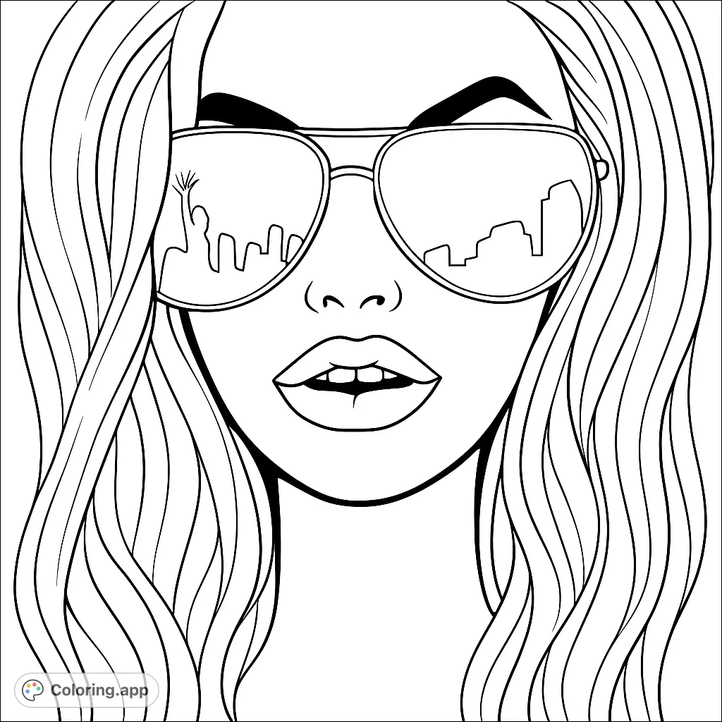 Stylish woman in aviator sunglasses reflecting iconic city landmarks. A trendy, free printable coloring page for adults and teens.