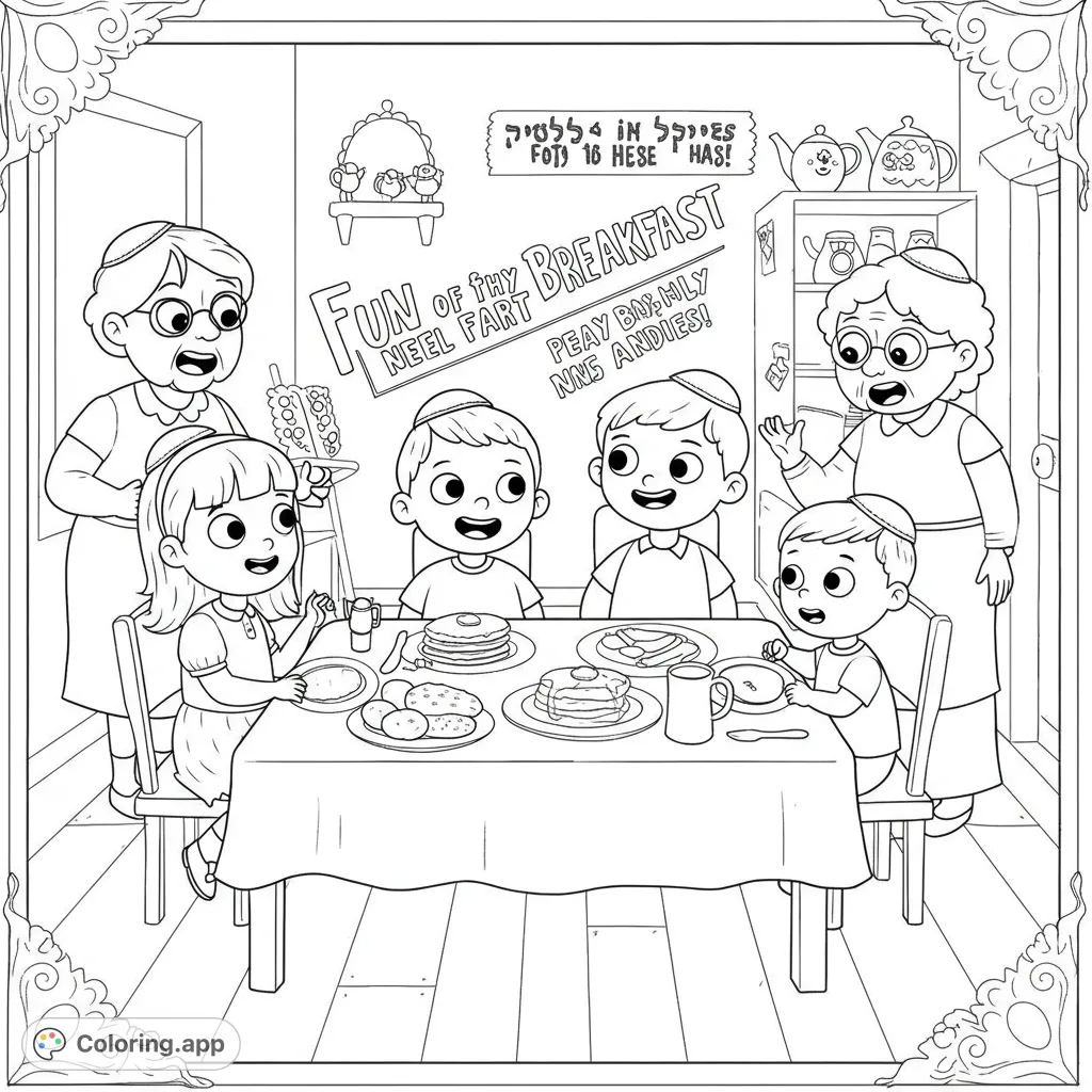 A heartwarming family breakfast scene with grandmothers and children enjoying pancakes and conversation, perfect for a cozy coloring session.