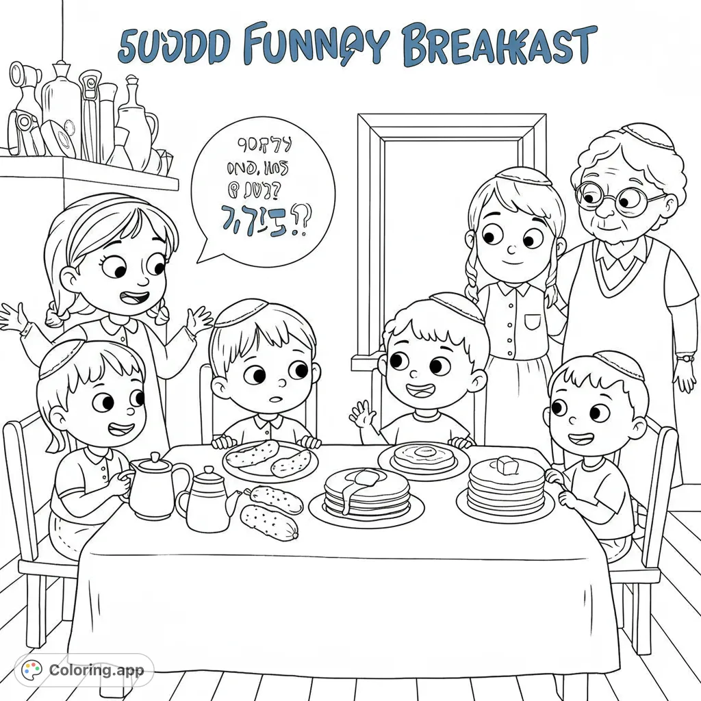 A heartwarming family breakfast coloring page featuring six happy characters, including children with kippahs, enjoying pancakes and pastries at a lively table.