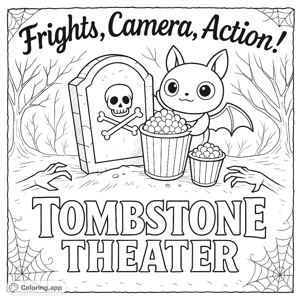 A cute bat enjoys popcorn by a tombstone with zombie hands, set in a spooky graveyard. A fun Halloween coloring page for all ages.