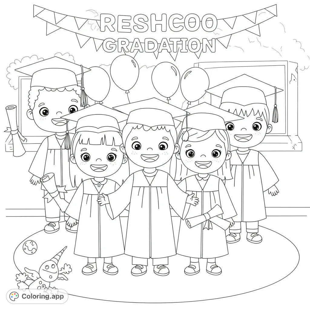 Joyful children in graduation caps and gowns, holding diplomas, celebrating their special day. A delightful free printable graduation coloring page.