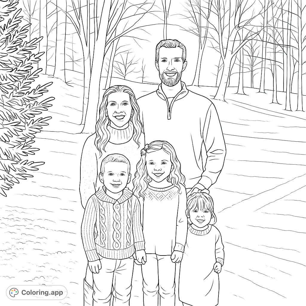 A heartwarming family coloring page featuring a smiling family of five in a winter park setting, perfect for all ages. Free printable family coloring page.