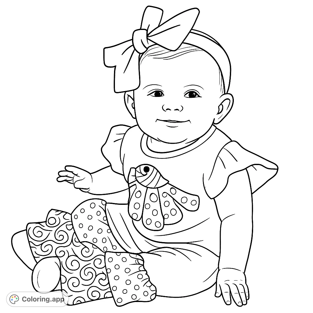 An adorable baby in a festive Thanksgiving outfit, featuring a cute turkey design and patterned pants. A delightful free printable coloring page.