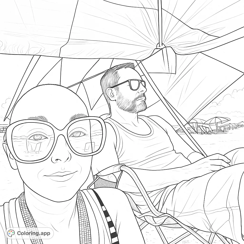 A serene beach scene featuring two people relaxing under a large umbrella, perfect for a summer escape free printable coloring page.