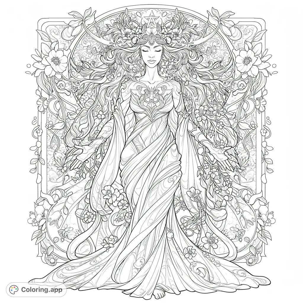 An intricate nature goddess with flowing hair and floral adornments, surrounded by lush botanical patterns. A beautiful fantasy art nouveau coloring page.