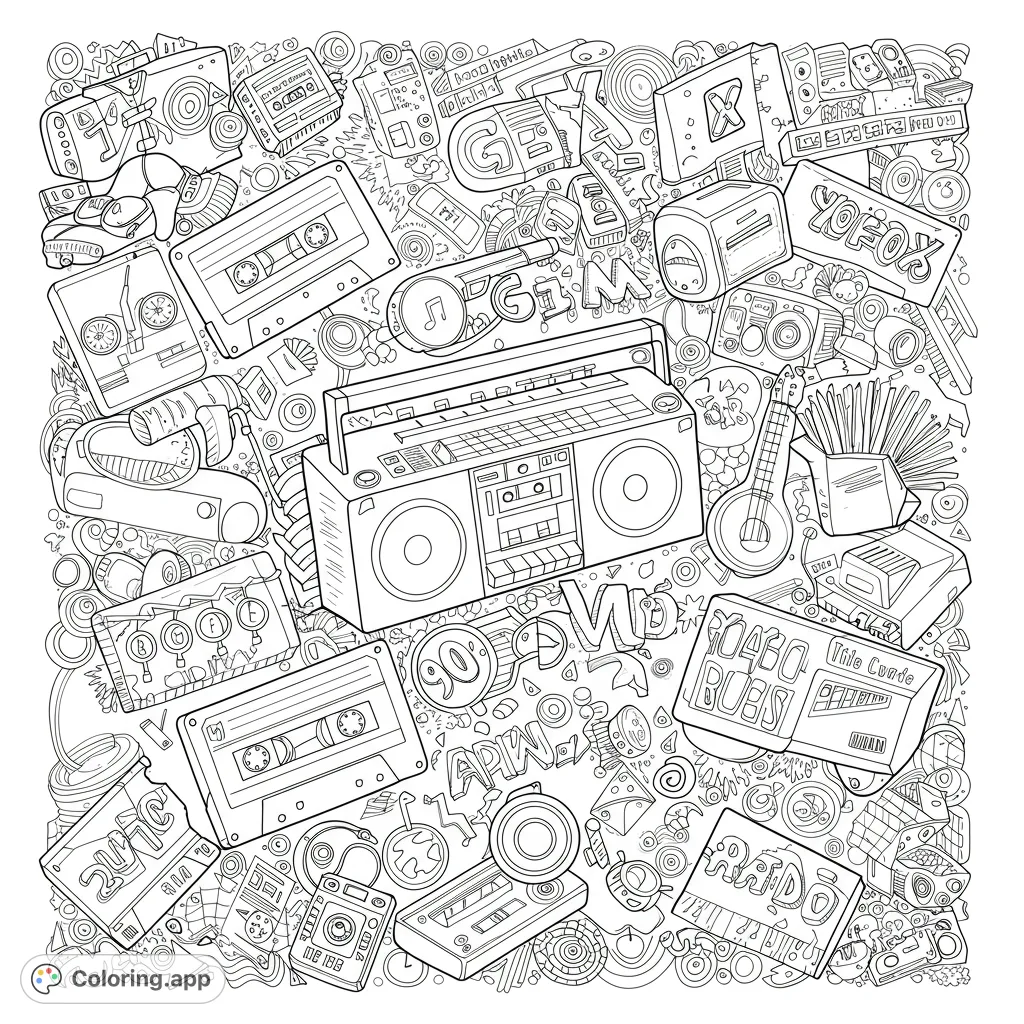 Dive into a nostalgic retro music gear coloring page featuring a boombox, cassette tapes, and vintage audio equipment. Free printable fun!