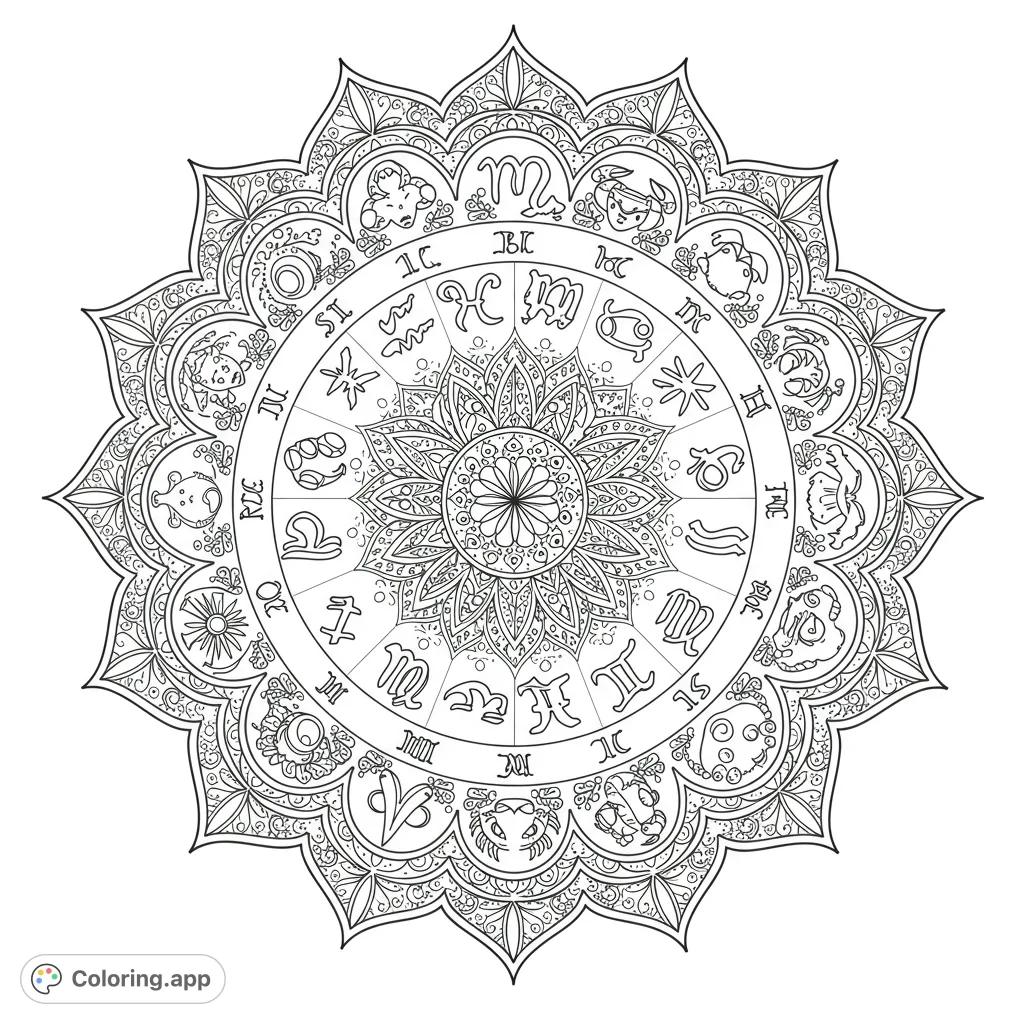 An intricate zodiac mandala coloring page featuring all twelve astrological signs within a beautifully detailed floral and geometric design. Perfect for mindful coloring.