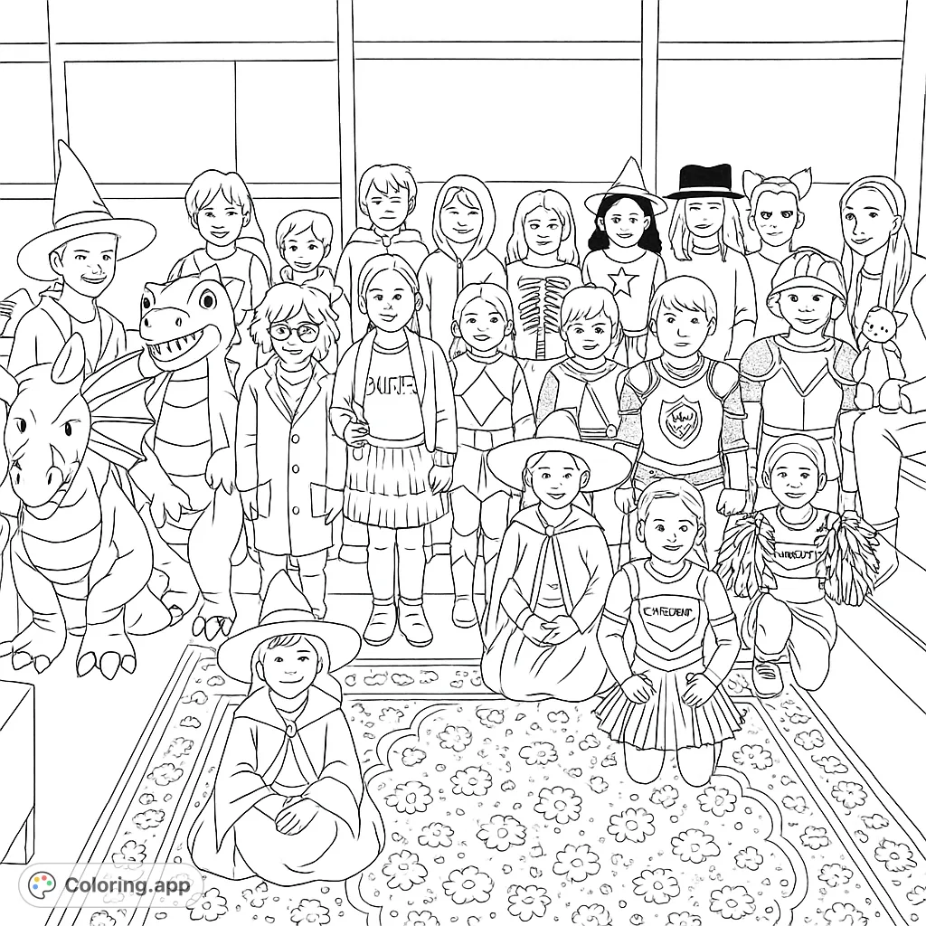 A vibrant costume party coloring page featuring a diverse group of children dressed as knights, witches, dragons, and more, ready for creative coloring fun.