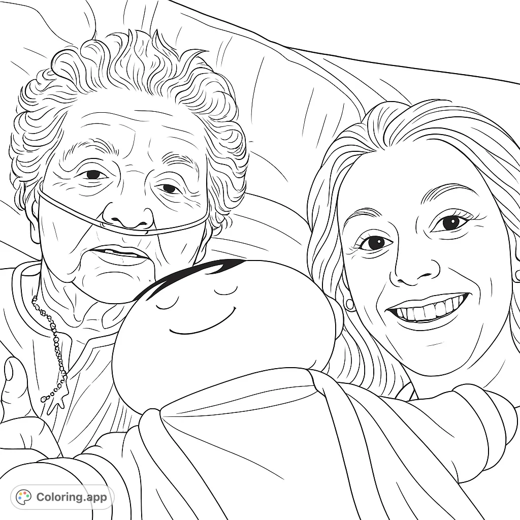 A touching three generations coloring page featuring an elderly woman, a young woman, and a baby, perfect for family-themed coloring.