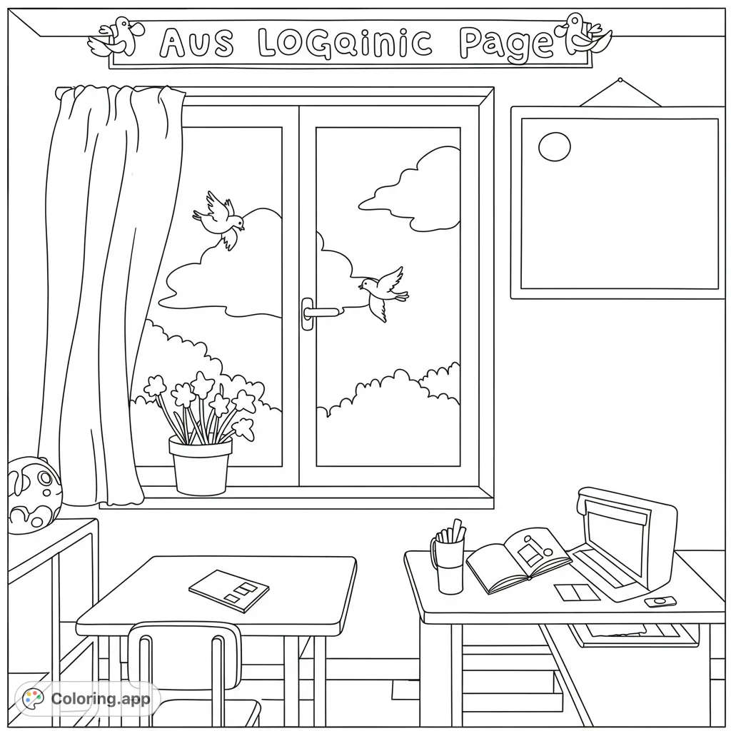 A detailed study room coloring page featuring a window view with flying birds, desks, and school supplies, perfect for all ages.