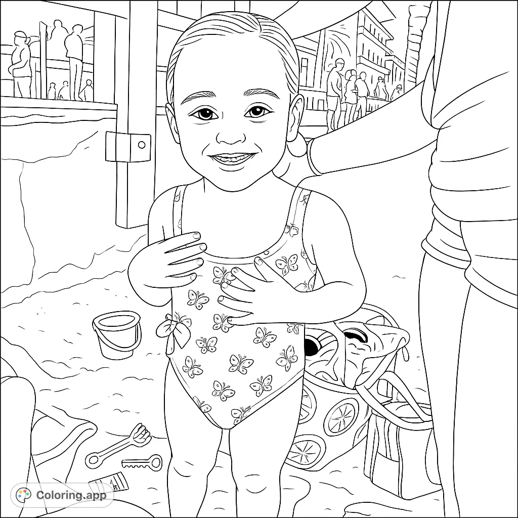 A joyful child in a butterfly swimsuit on a sunny beach, surrounded by sand toys and distant boardwalk activity. Perfect for a fun summer coloring page.