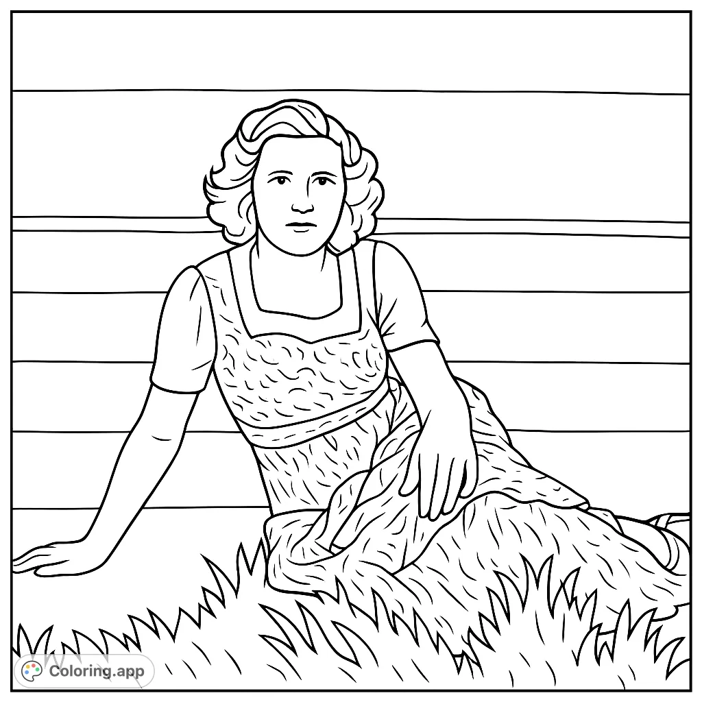 A serene woman with wavy hair sits gracefully in a field of grass, with a simple striped background, perfect for a relaxing coloring experience.
